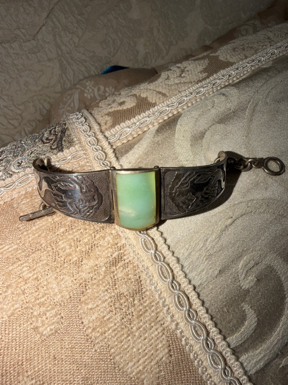 Vintage Sterling Silver mermaid Bracelet with large semi precious Green Stone